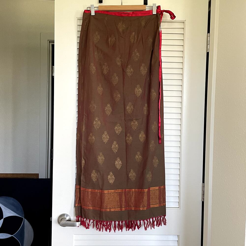 NWT Free People Earthy Gold Metallic Paisley Fringe Hem Cotton Wrap Skirt Medium - Picture 4 of 9